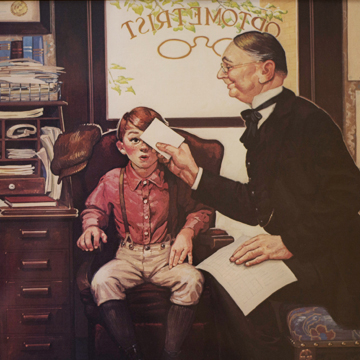 Drawing of a child receiving a vintage optometrist checkup
