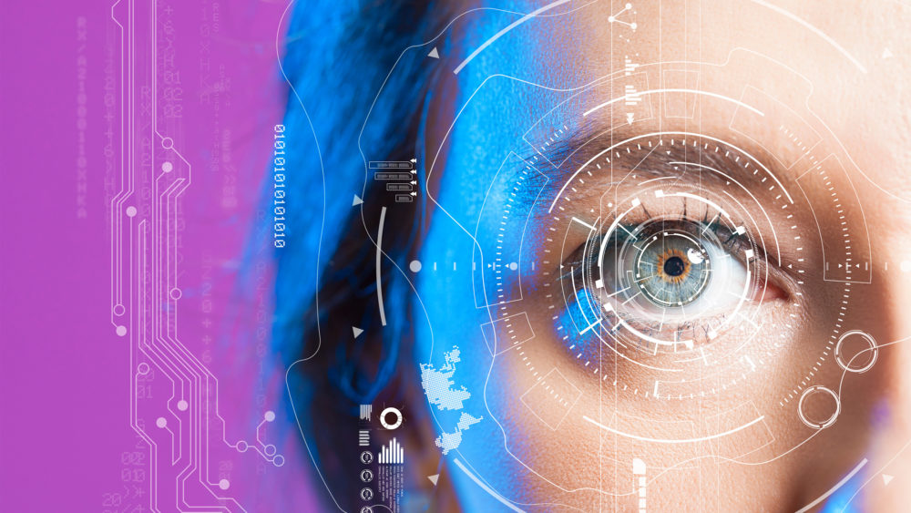 futuristic lines and dots surrounding an eye to represent AI in eyecare.