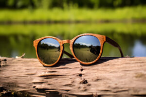 Stylish wooden sunglasses with mirrored lenses, perfect for a trendy and unique look. Available at Wholesale Optical Labs